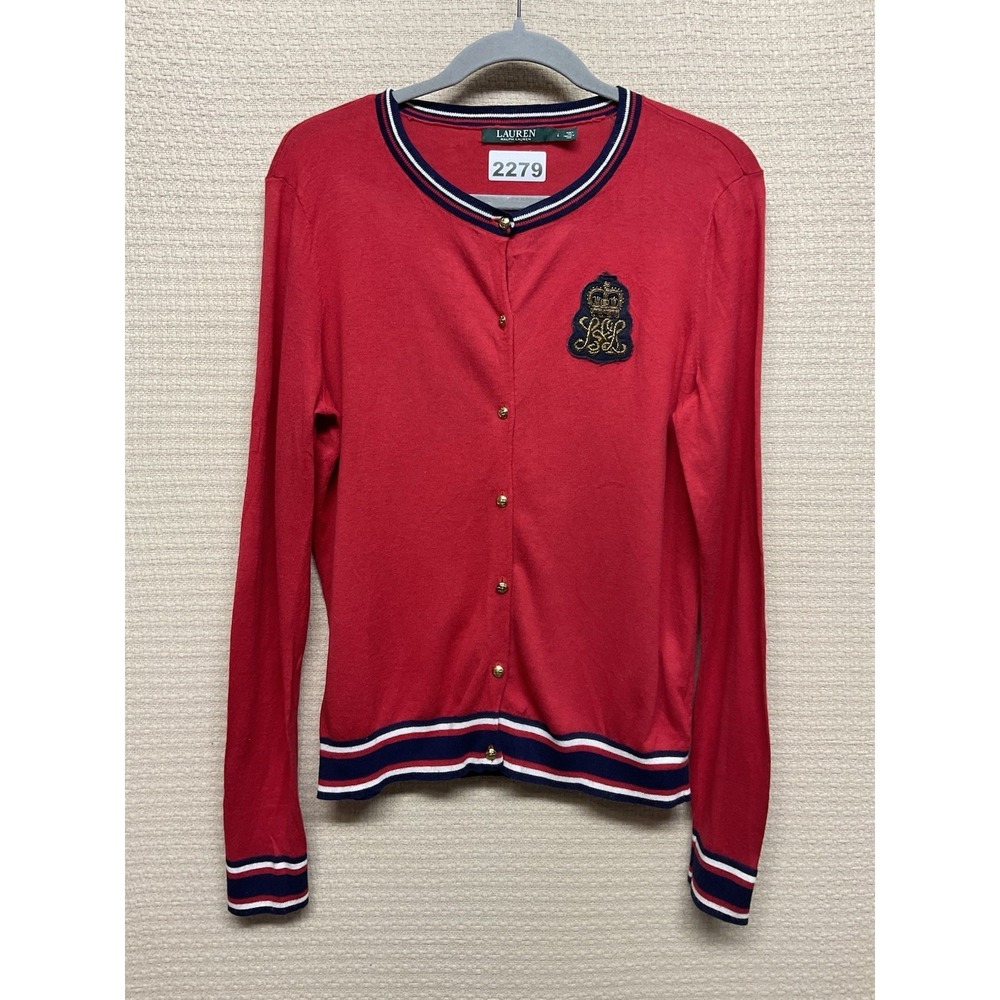 Lauren Ralph Lauren Bullion-Patch‎ Cardigan Embroidered Crest Cardigan Sweater L - Picture 3 of 8